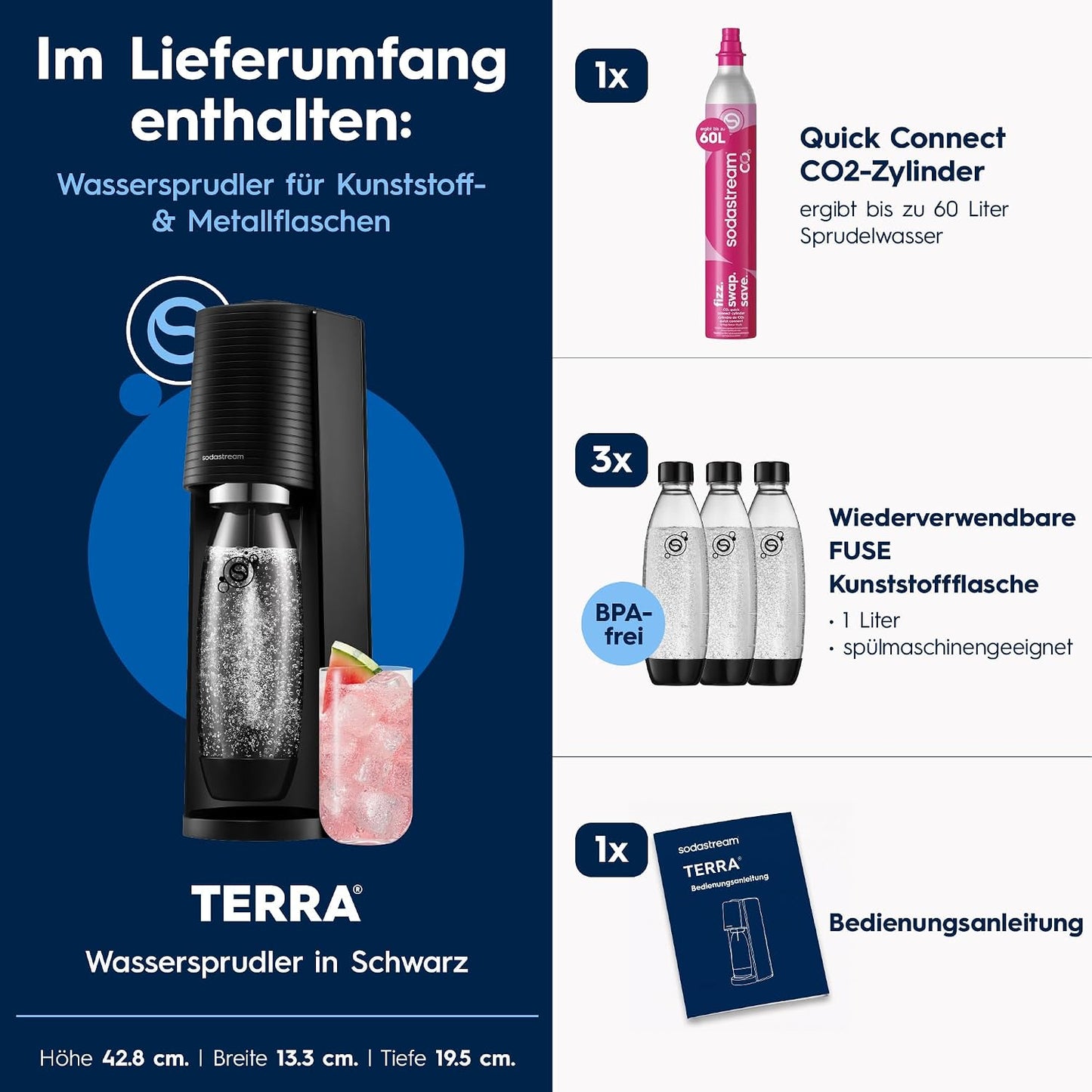 SodaStream TERRA Sparkling Water Maker – Quick Connect CO2, 3x KST Plastic Bottle 1L, Black