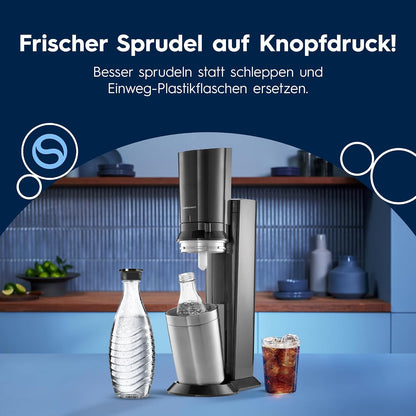 SodaStream Crystal 3.0 Sparkling Water Maker – Quick Connect CO2, 2x Glass Carafe 0,7L, Titanium/Black